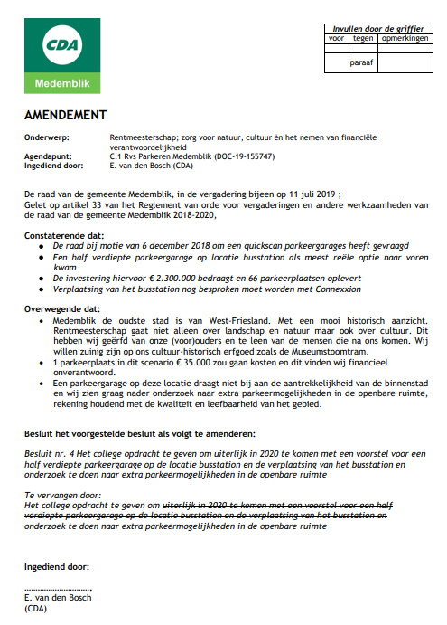 CDA Medemblik tegen komst parkeergarage in Medemblik