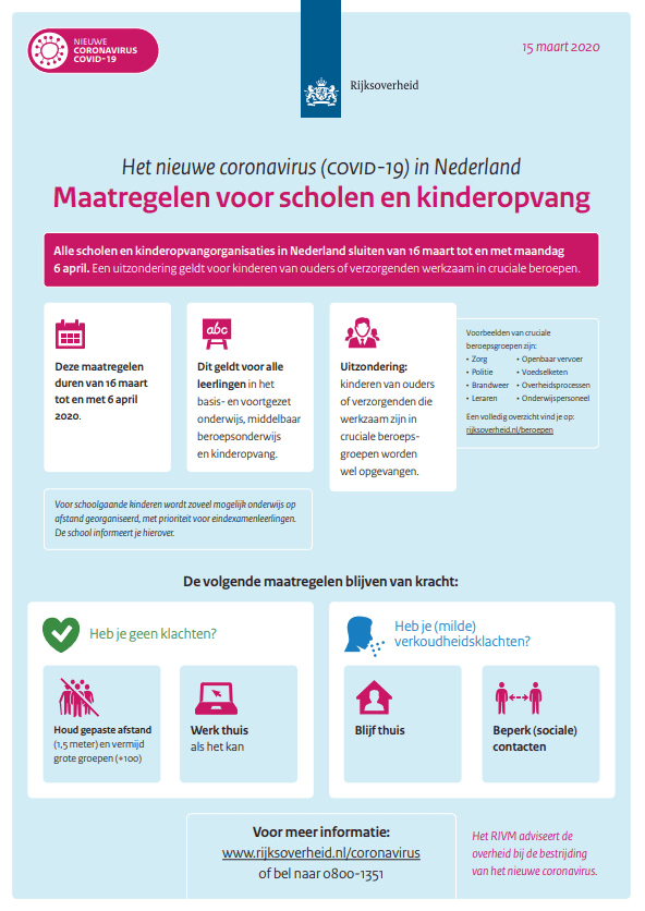 Rijksoverheid: Aanvullende maatregelen onderwijs, horeca en sport 