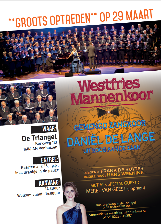 29 maart: Westfries Mannenkoor en gemengd koor Daniël de Lange treden op in Venhuizen