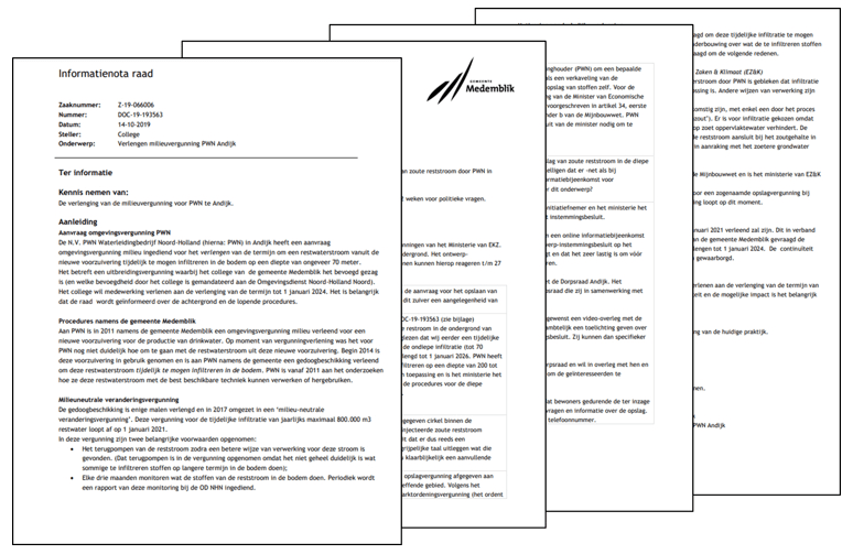 Antwoorden college op raadsvragen CDA inzake opslag zout afvalwater onder Andijk - plannen waren al sinds 2019 bekend bij college en gemeenteraad | Dorpsraad niet te spreken over communicatie gemeente
