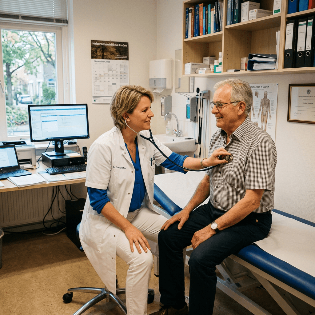 Female doctor using stethoscope on senior male patient's chest in clinic